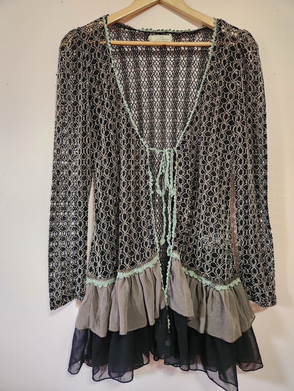 A'reve Fairycore Whimsigoth Crochet Lace Ruffle Hem Tie Front Duster Cardigan S